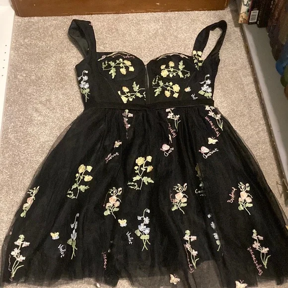 zimmermann super eight embroidered dress A-Line Satin Black/Gold Short Prom Dress, Black Homecoming Dress – shopluu main image 1